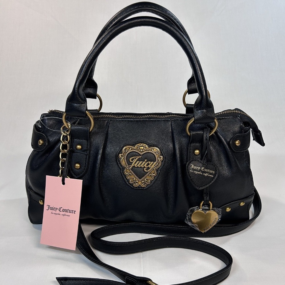 Juicy Couture In Her Juicy Era Satchel Bag Black Liquorice Gold Heart Crossbody